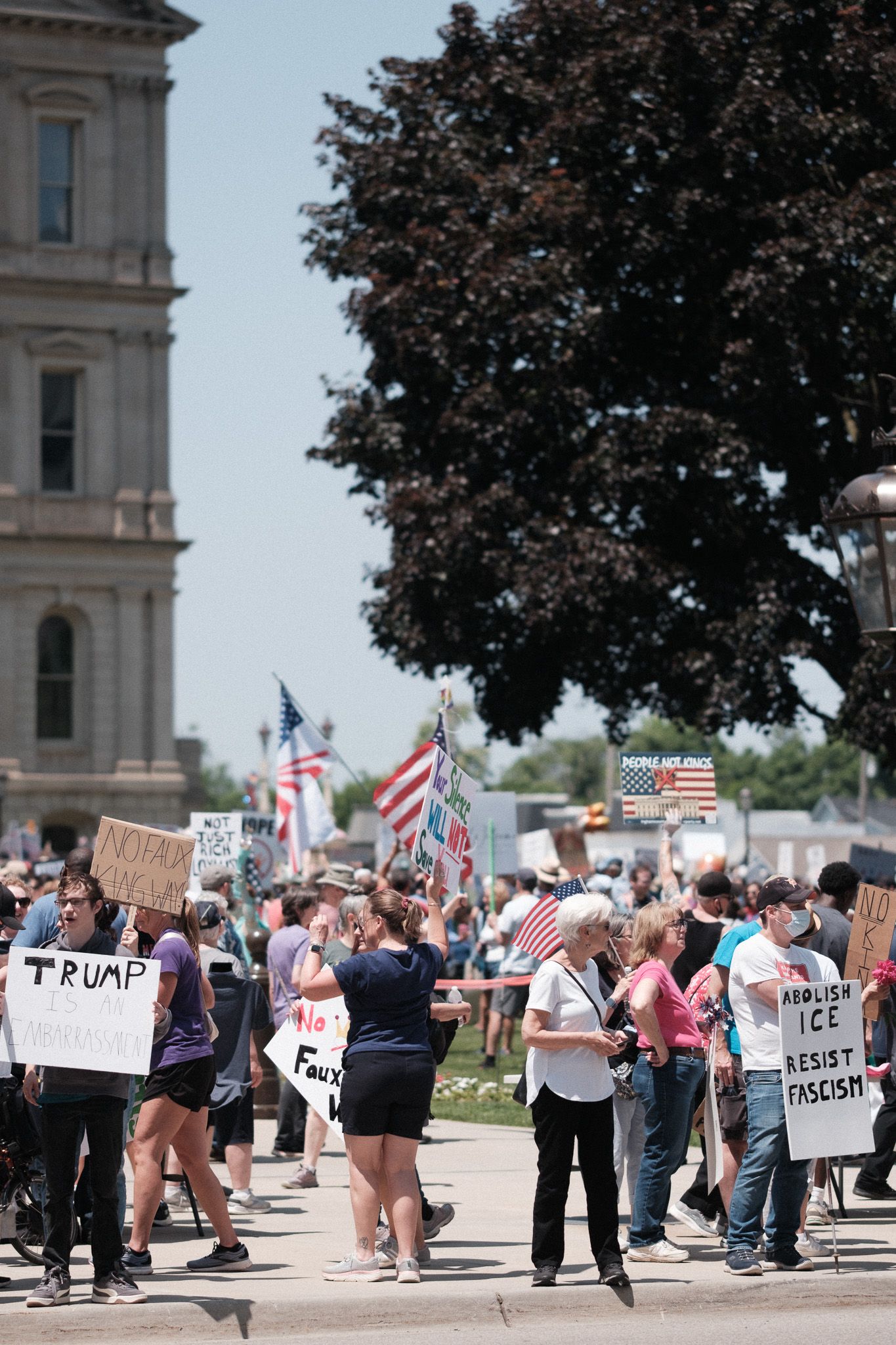 Crowd of protesters gather outside a government building holding signs and American flags.