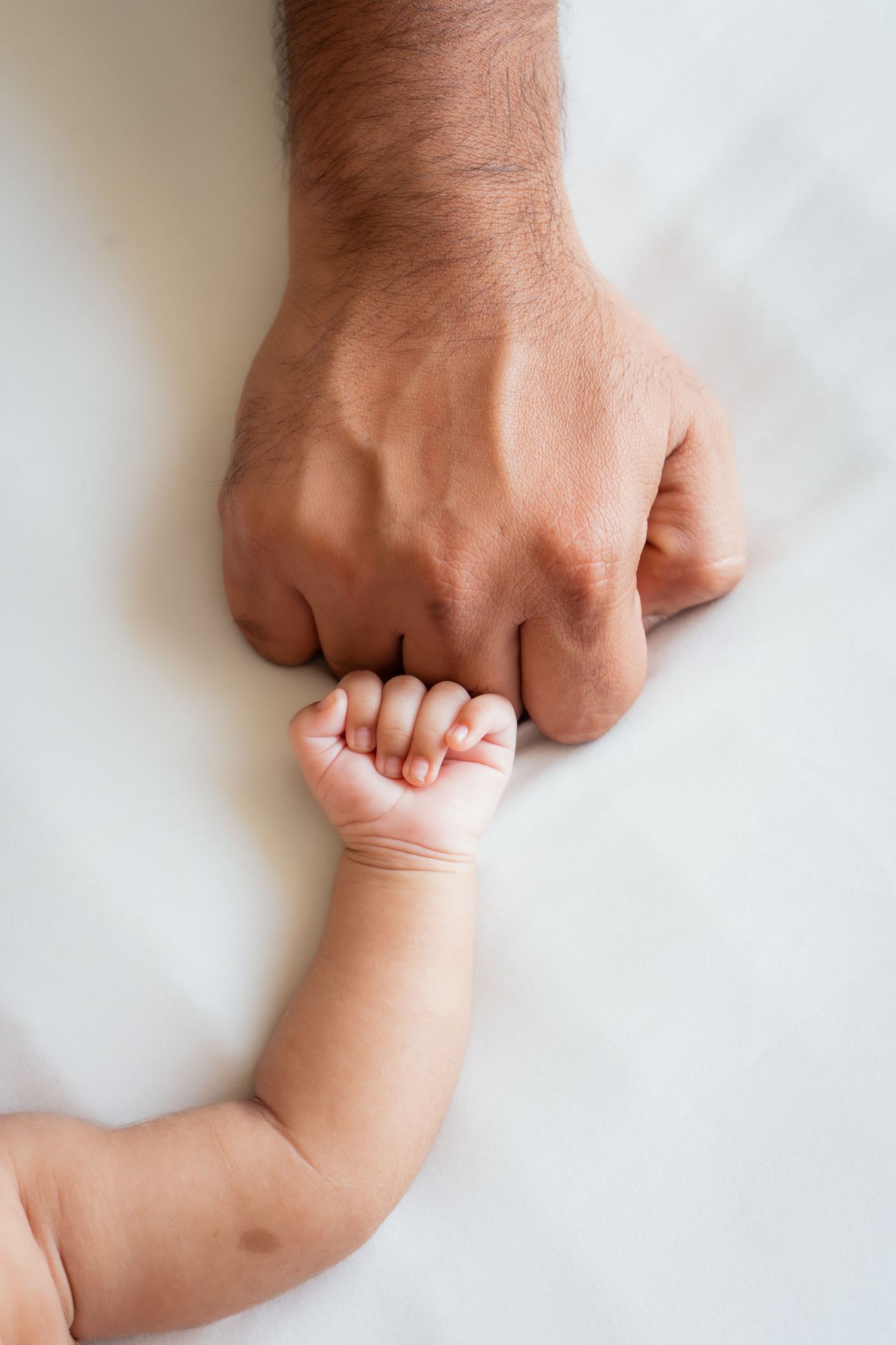 Close-up of a tiny baby hand gently grasping an adult's finger against a white background.