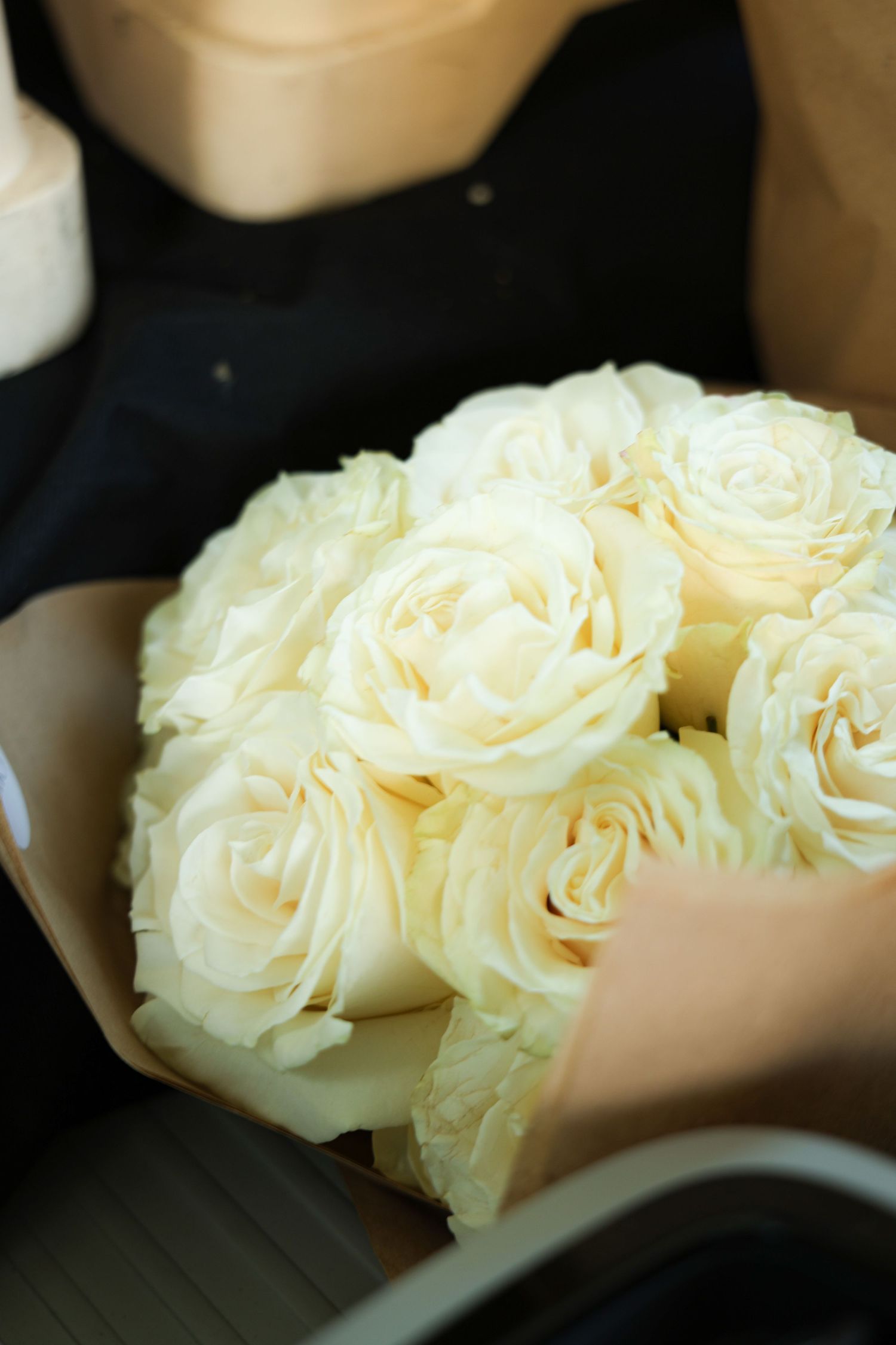 A series of white roses arranged in a row with soft focus and shallow depth of field.