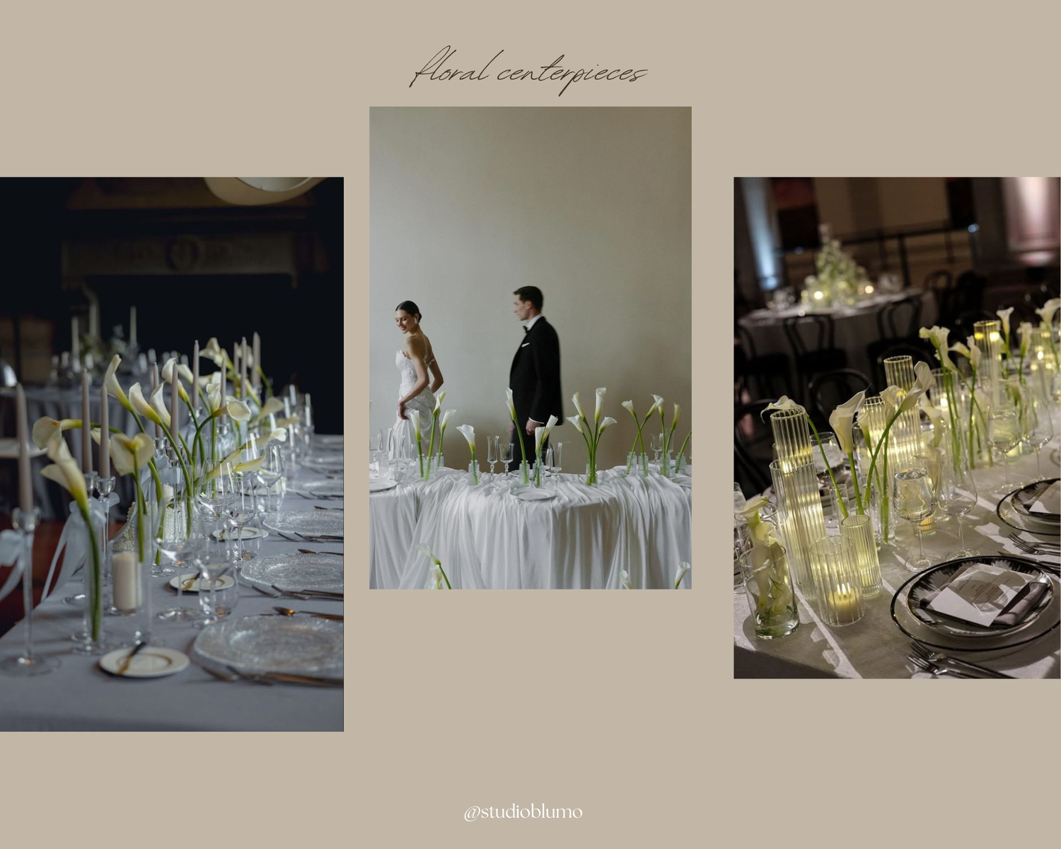 Elegant wedding reception table settings with tall glass vases and white floral arrangements in a minimalist style.