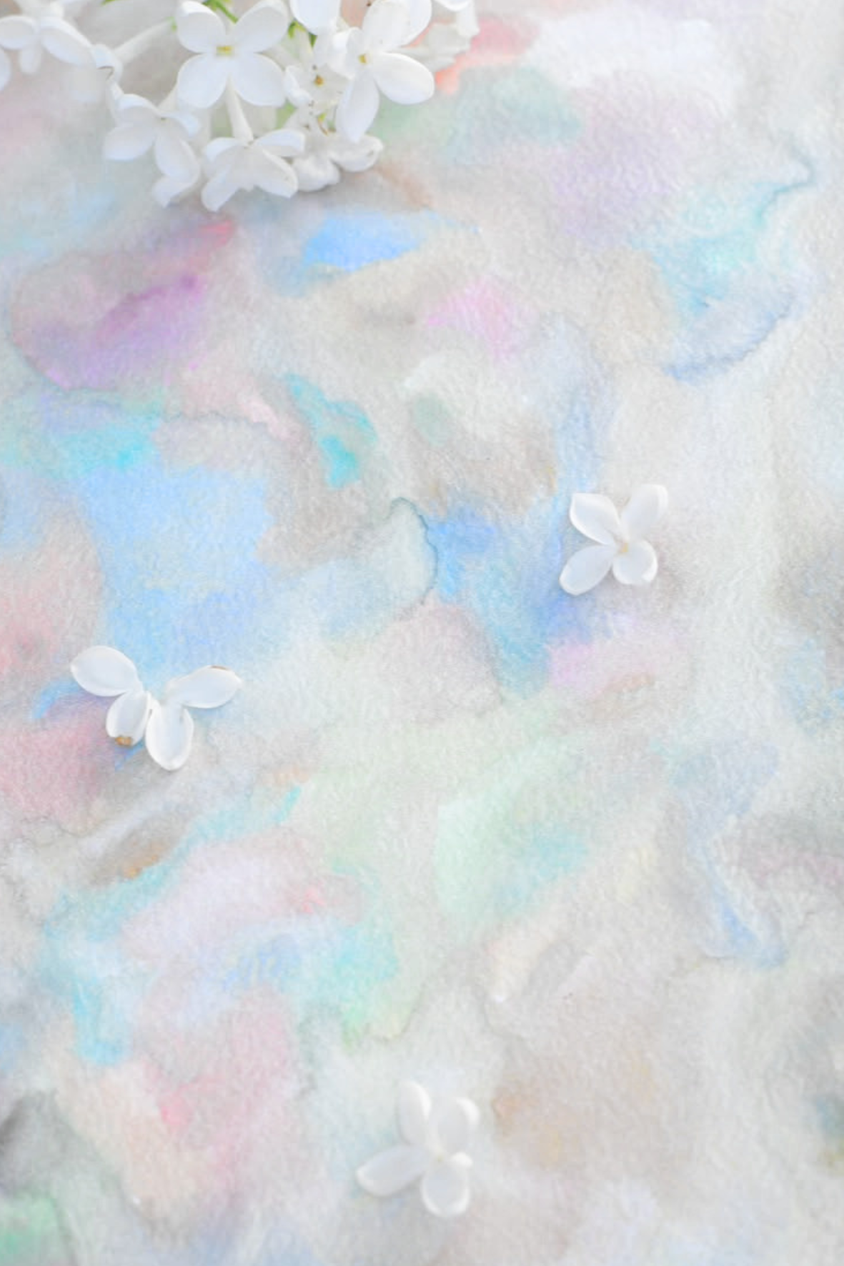 Delicate white flowers scattered on a soft pastel watercolor background with dreamy blue, pink, and lavender hues.