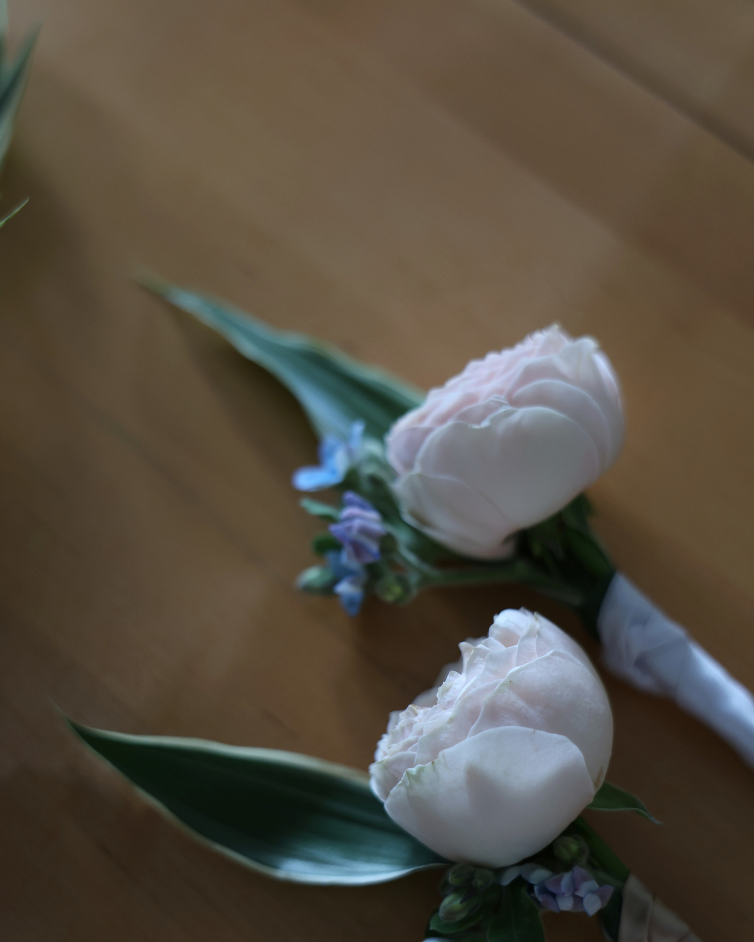 Two white peony boutonnieres with green leaves and small purple flowers on a wooden surface.
