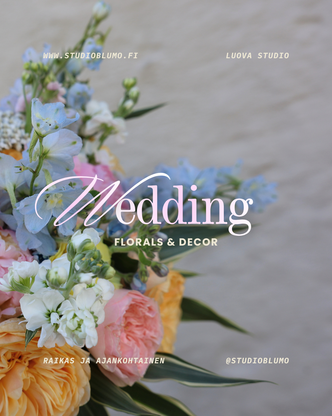 Elegant wedding florals and decor arrangement featuring blue hydrangeas, pink roses, and white flowers for Studio Blumo.