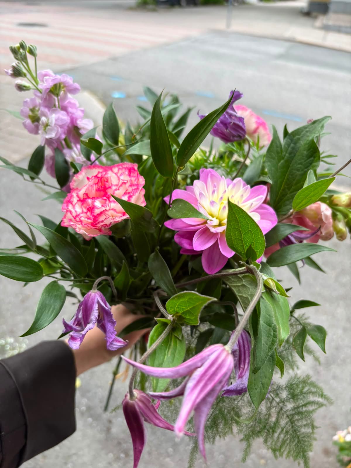 Hand holding a vibrant bouquet of pink dahlias, carnations, and purple flowers with lush green foliage outdoors.