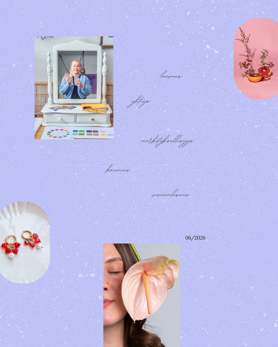 A lavender-toned collage featuring a woman crafting at a vanity, red floral earrings, an anthurium flower, and botanical illustrations.