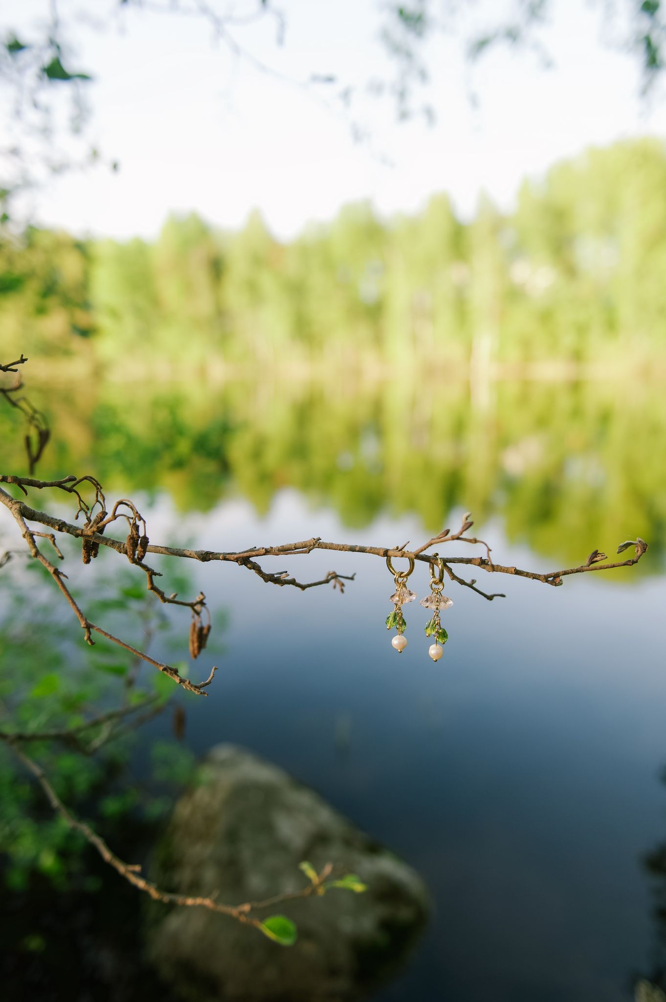 Delicate tree branch with spring buds stretches over calm water with rocks and greenery in soft focus background.