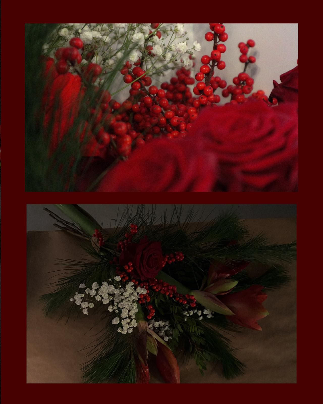 A collection of winter floral arrangements featuring red berries, pine branches, and white flowers against a dark background.