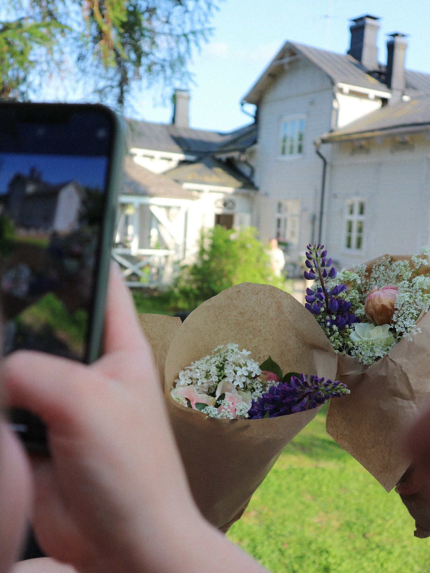 A sequence of photos showing brown paper-wrapped flower bouquets with purple and white blooms against a house exterior.