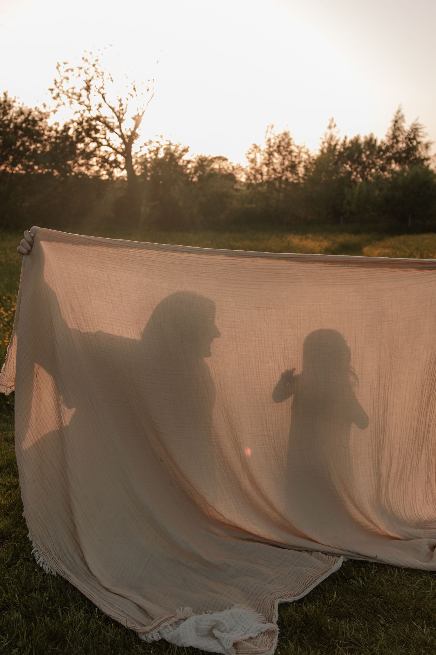 Silhouettes of a mother and child visible through a sheer fabric held up in a sunlit green field.