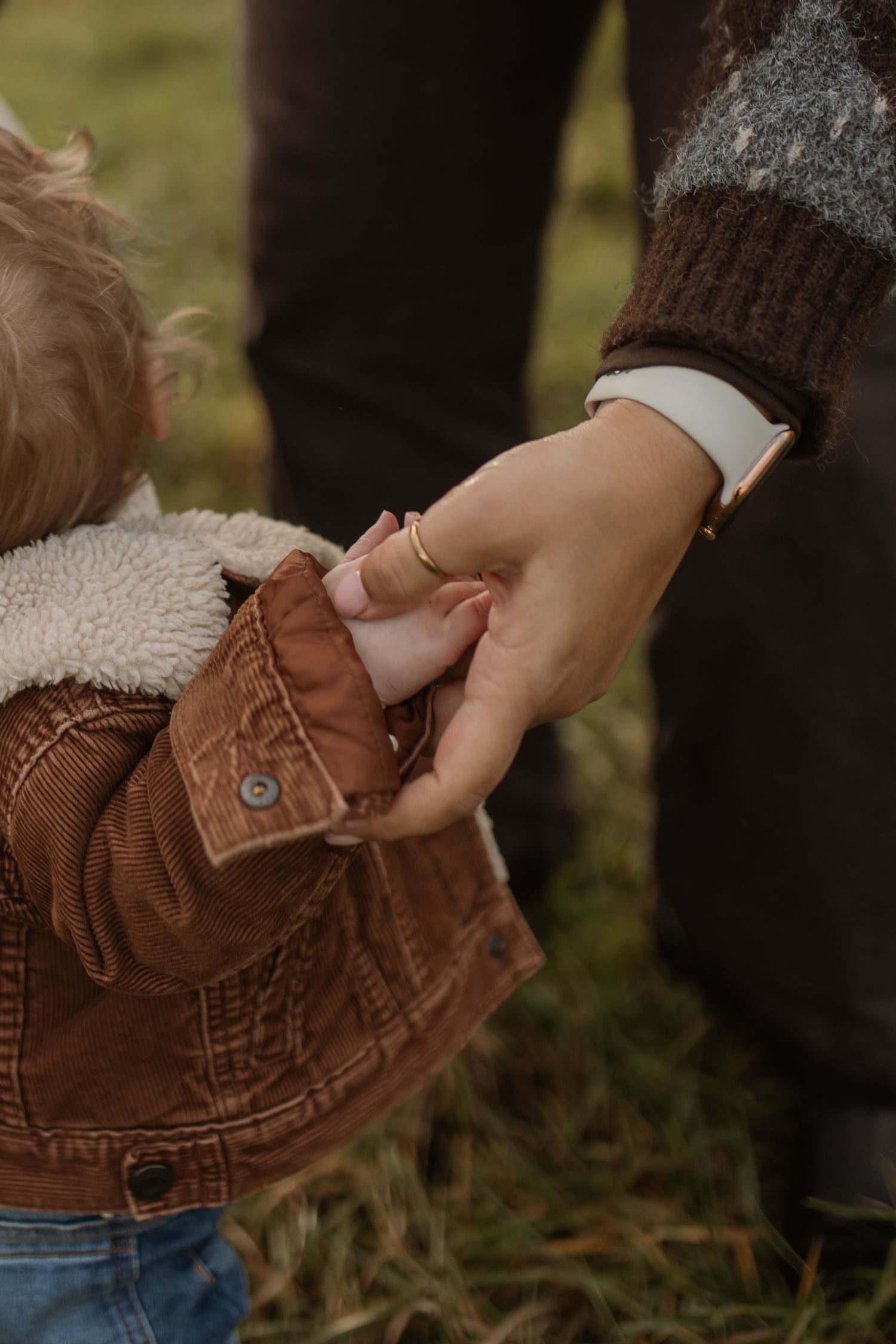Parent gently holding small child's hand while walking together on grassy outdoor path.