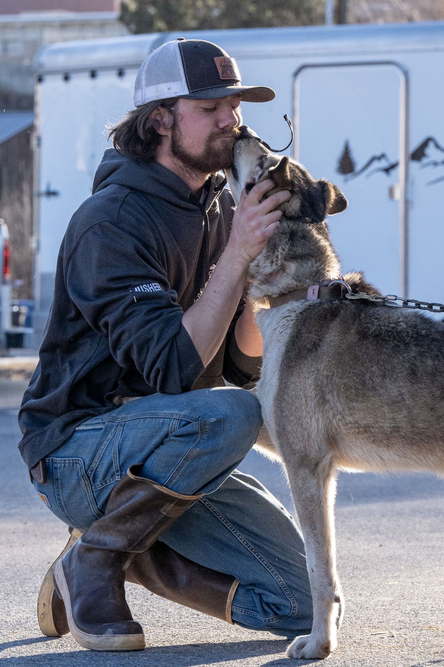 Dog musher giving love to one of it's sled dog during the Utah Uinta Ultimate in Utah