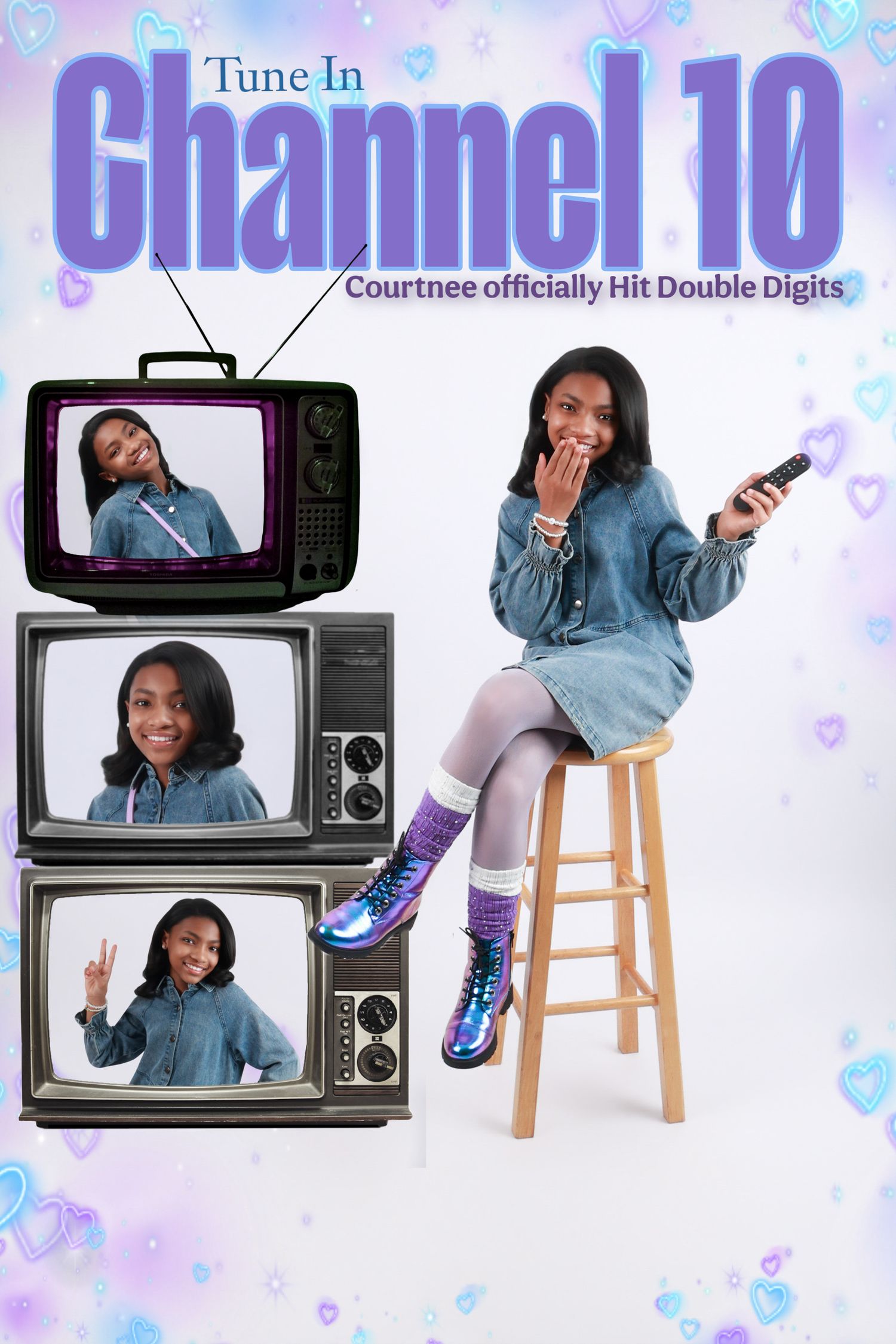 Young girl Courtnee celebrates turning 10 in Channel 10 themed birthday portrait with vintage TVs.