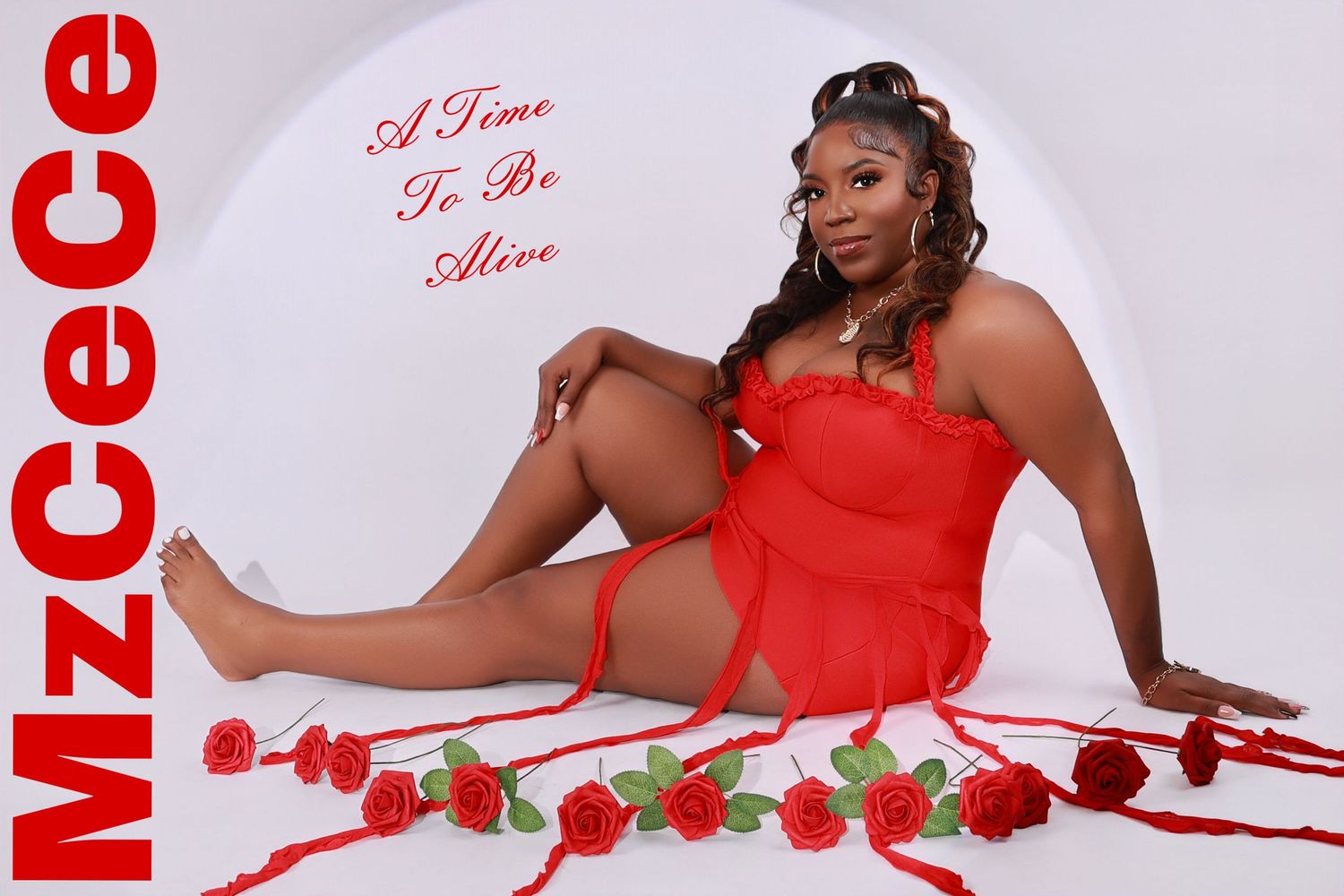 Woman in red dress posing with roses for MzCeCe A Time To Be Alive album cover.
