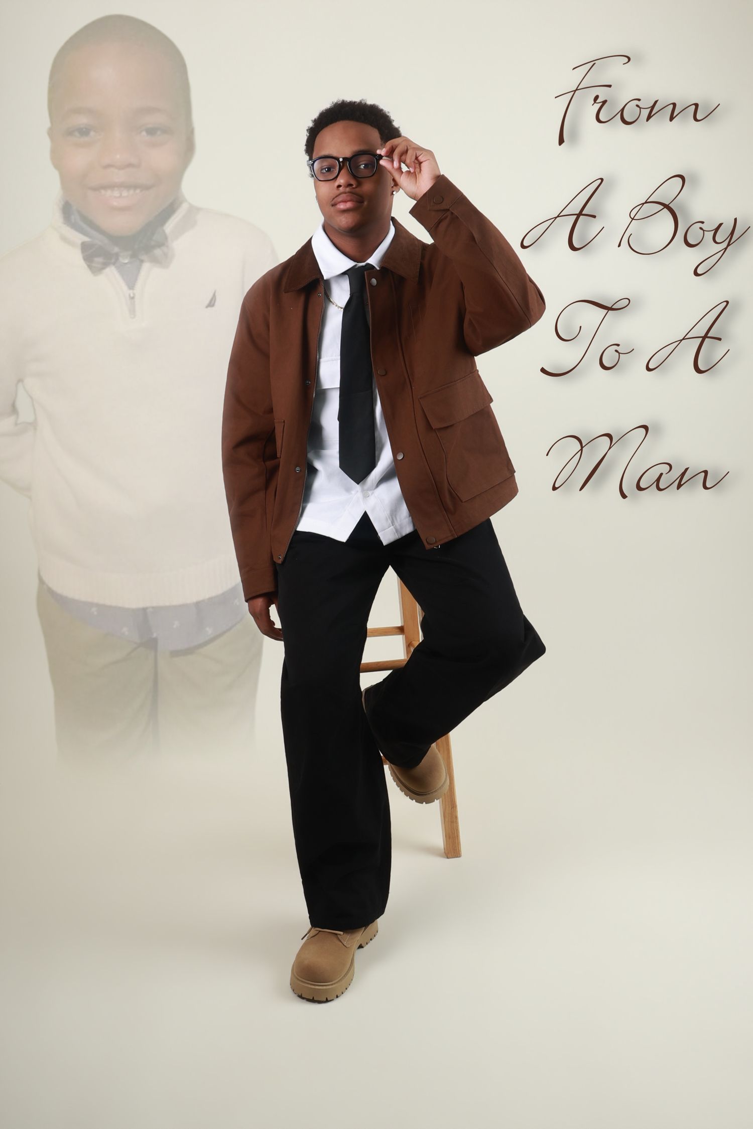 Teen boy in brown jacket, tie, and glasses seated on stool with childhood photo and From A Boy To A Man text.