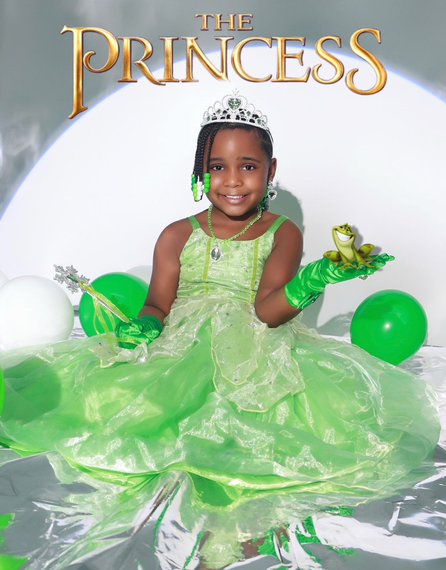 Young girl dressed as Princess Tiana in green gown holding a frog with balloon decorations.