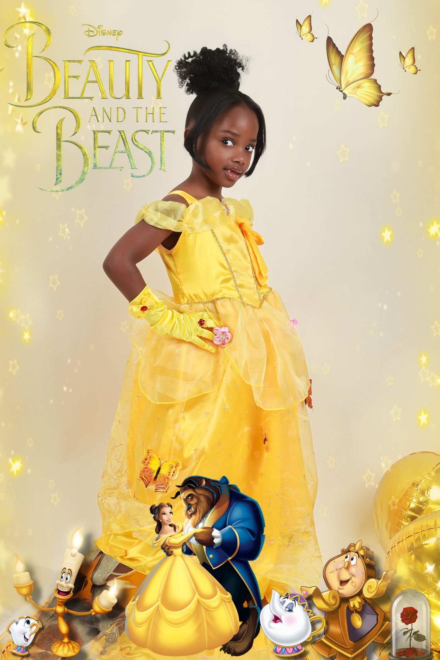 Young Black girl poses in yellow Belle gown with Beauty and the Beast themed background.