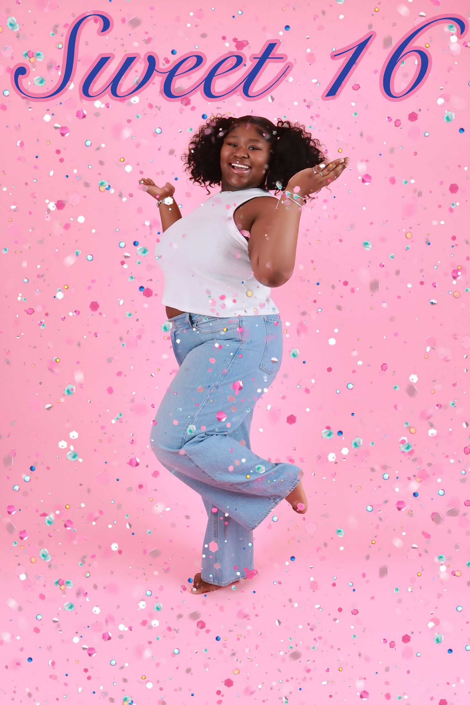 Joyful young Black woman celebrates Sweet 16 birthday with colorful confetti on pink background.