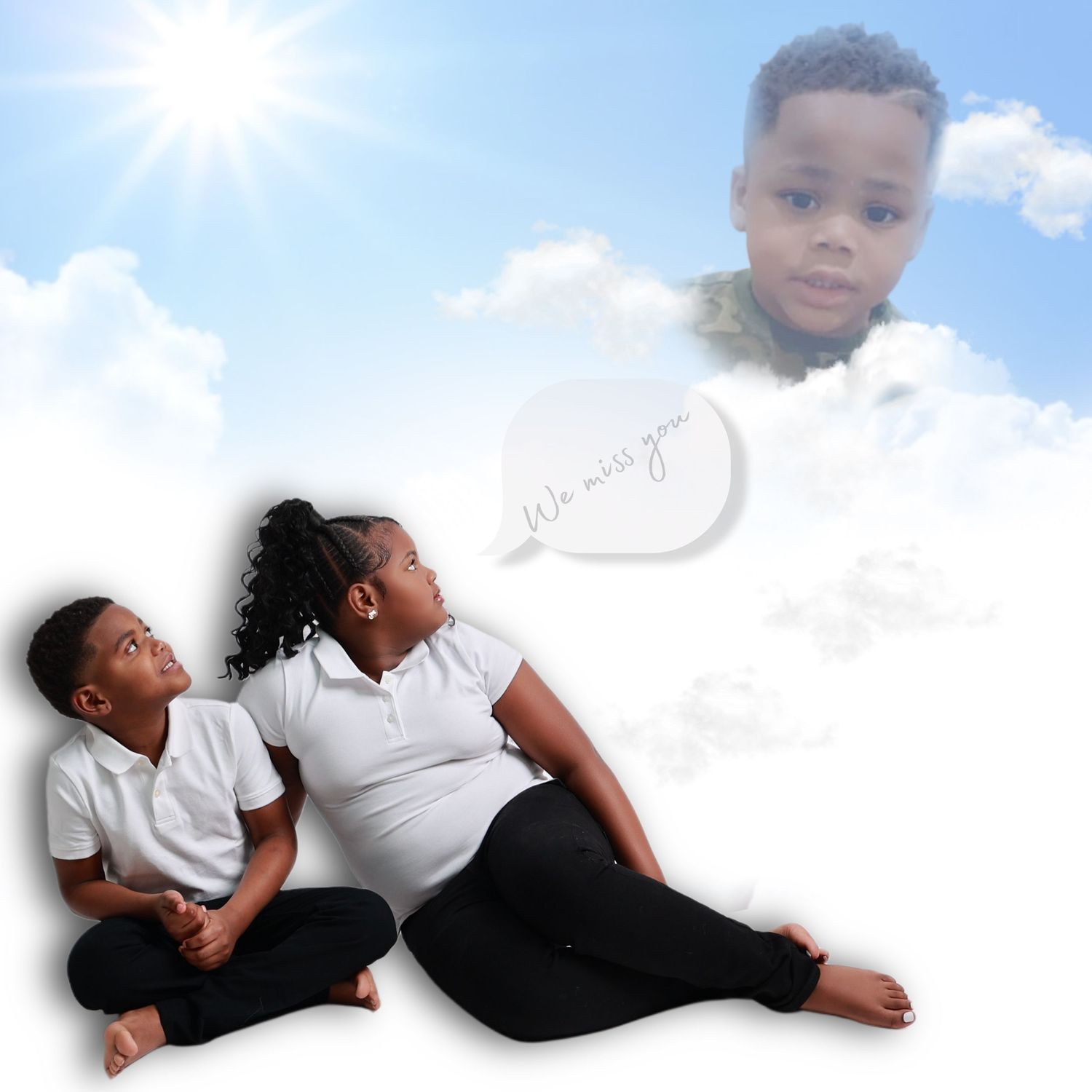 Two children sit together as an angel portrait of a boy appears in the clouds above them.