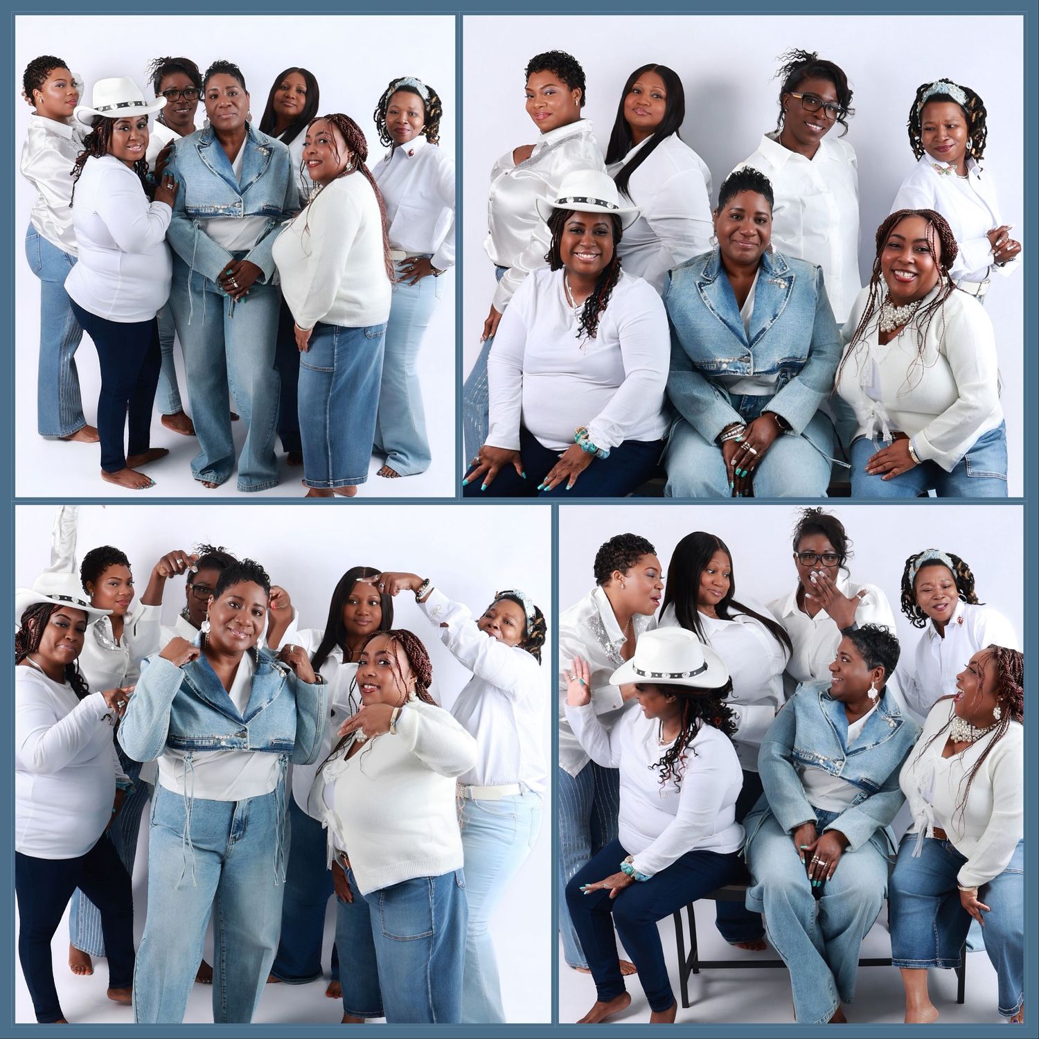 Collage of Black women in matching white tops and denim jeans posing together in a photo studio.