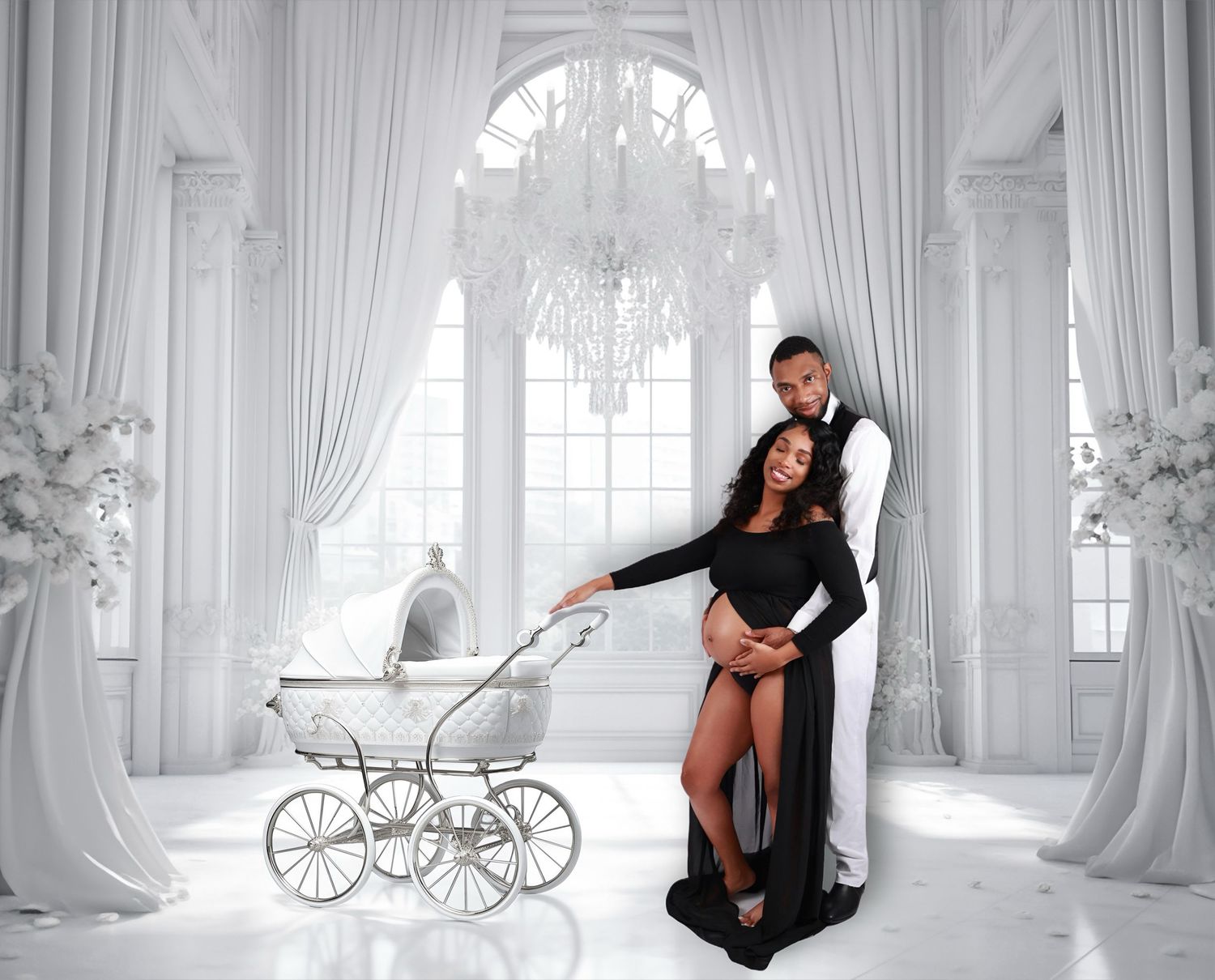 Elegant couple in black and white attire pose with vintage baby carriage in white room.