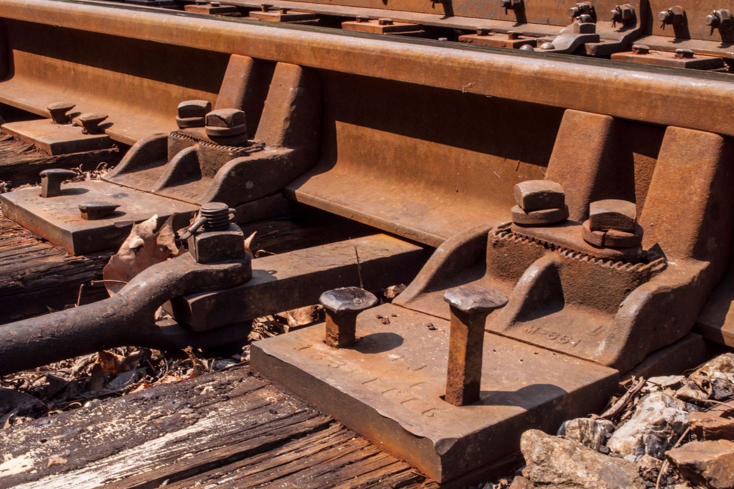 close up of a rusty railroad switch track