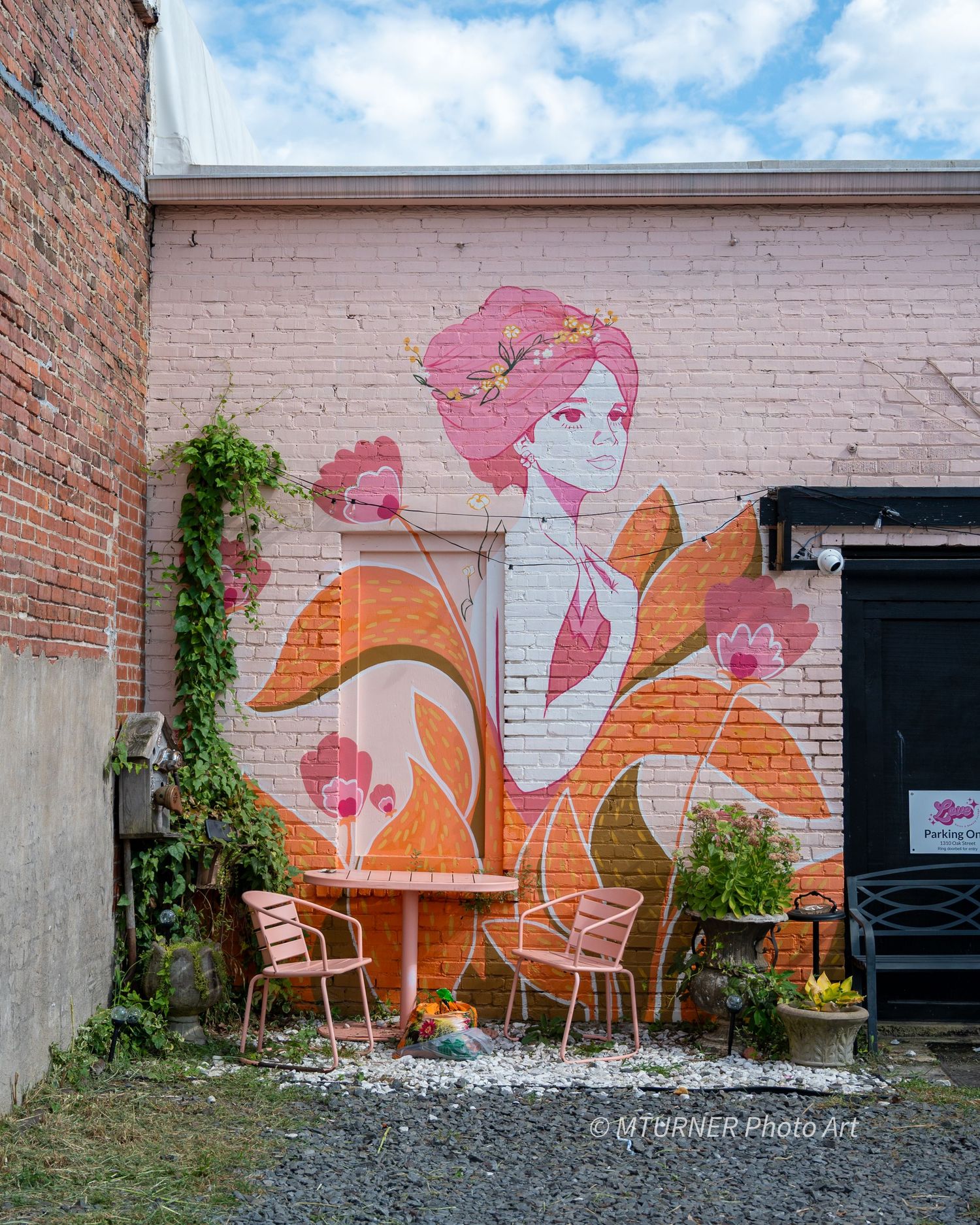 Mural artwork painted on the back of a downtown building.