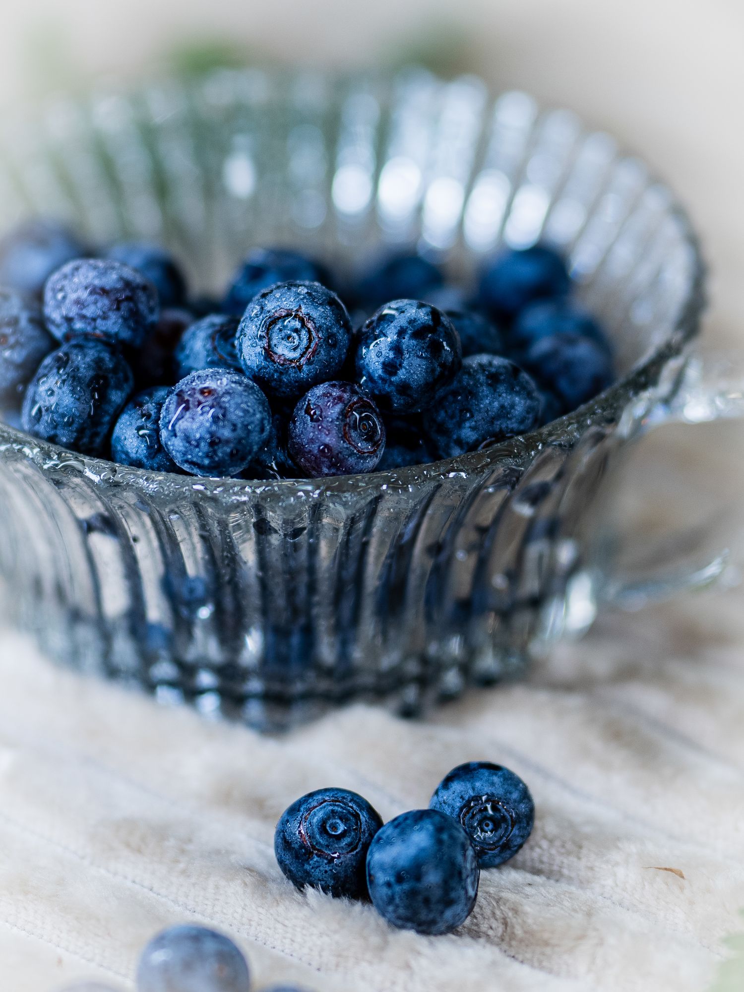 Fresh blueberries arranged in a crystal dish with soft natural lighting.