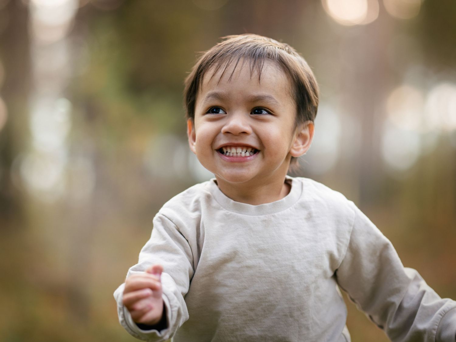 A child in a gray sweatshirt smiles and plays outdoors on an autumn day with blurred bokeh background.