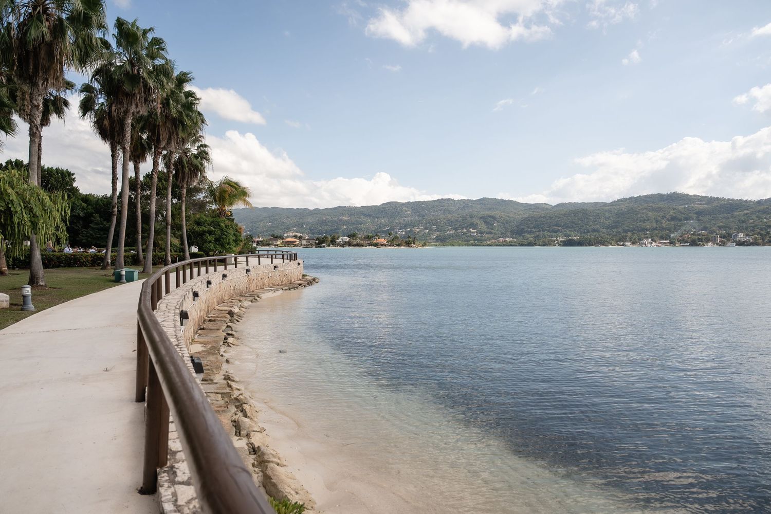 Scenic beachfront walkway with palm trees and mountains in the background.