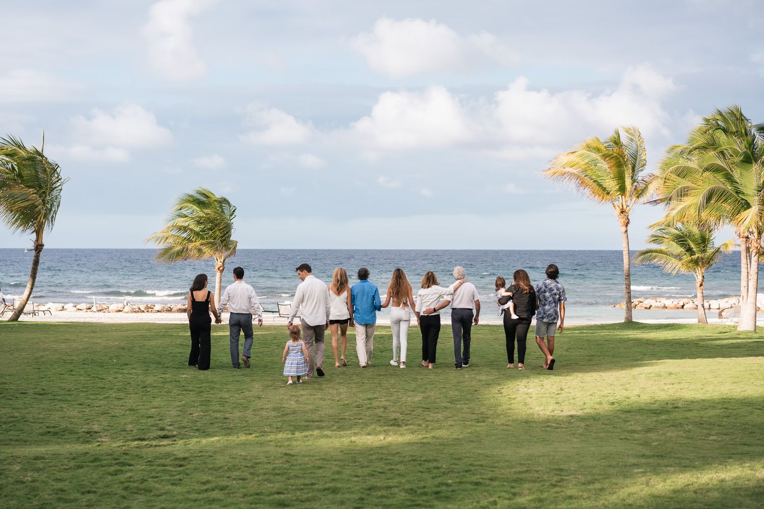 Group of people walking on beachfront grass with palm trees and ocean in background.