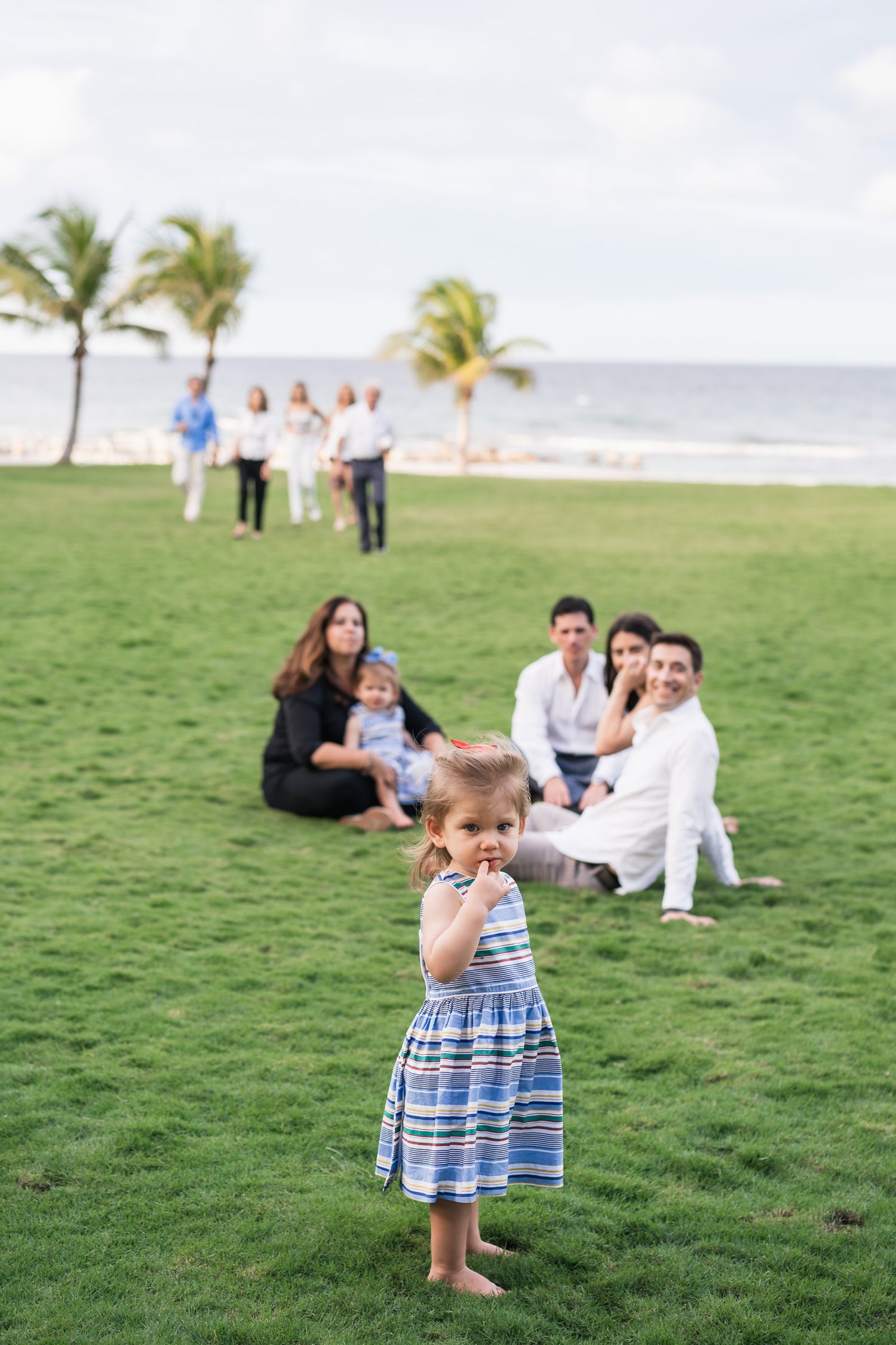 Groups relaxing on grass with palm trees and ocean in background at a beach resort.