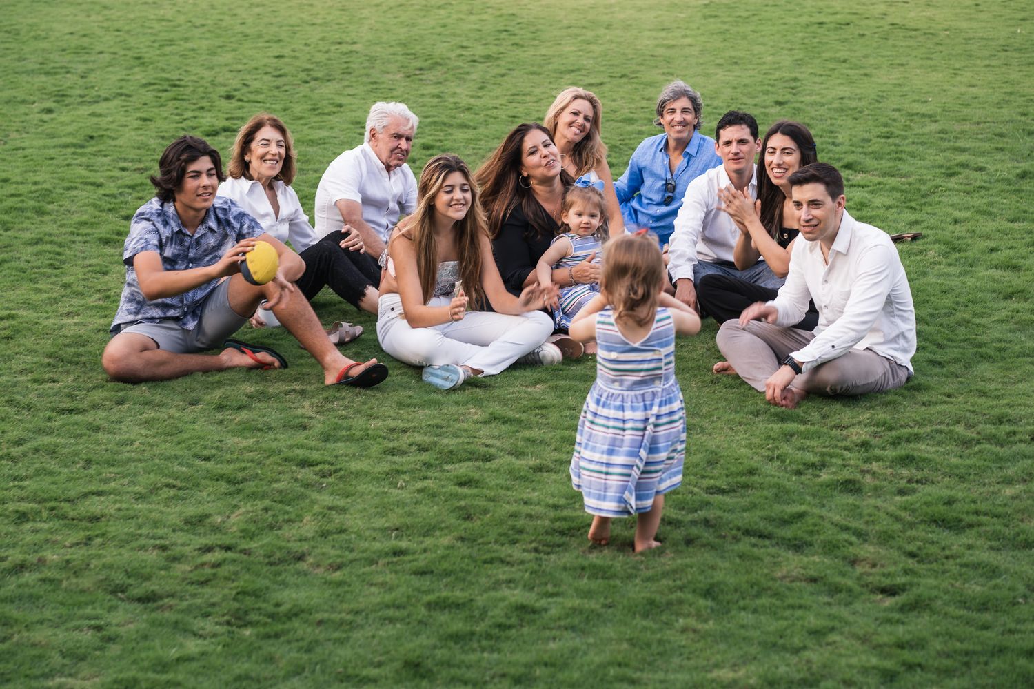 Family group photo on grass with small child in blue dress standing in front.