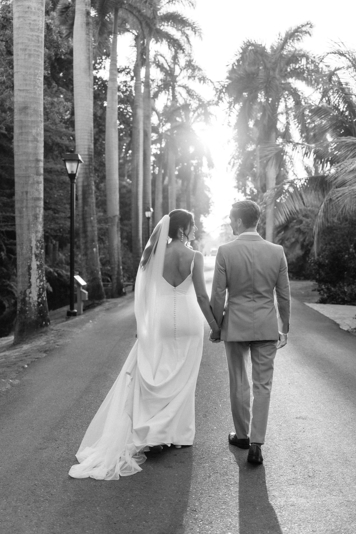 A newlywed couple walks down a palm-lined path in black and white.