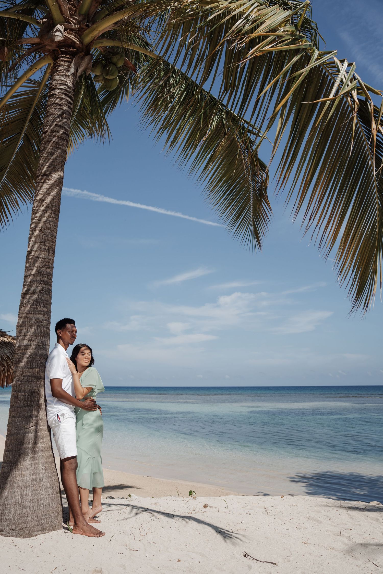 Couple embracing under palm tree on tropical beach with clear blue ocean views.