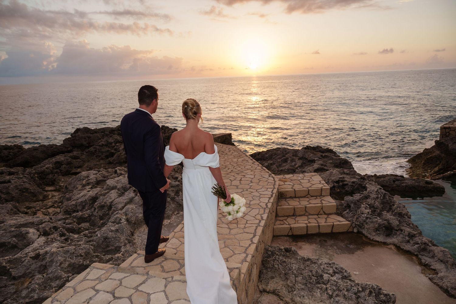 Sunset portrait on cliffside path at The Cliff Hotel, Negril wedding