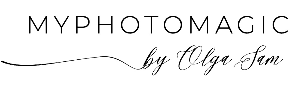 Elegant calligraphy text reading 'My Photo Magic by Olga Tom' with decorative flourishes in black ink.