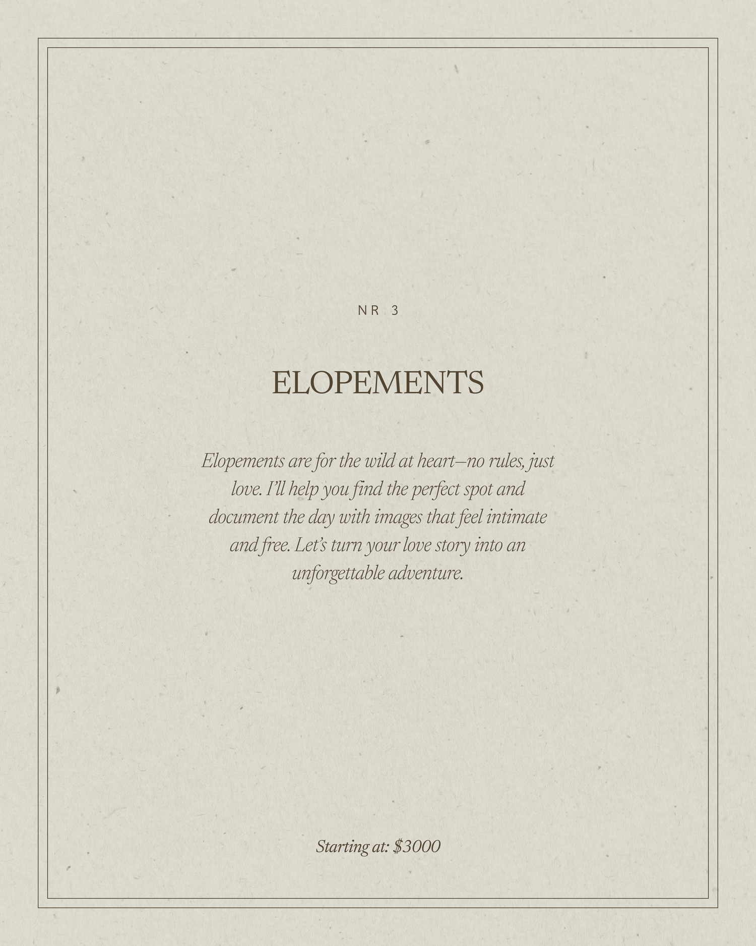 Elegant elopement photography package card on cream background, starting at $3000, offering intimate destination wedding documentation.