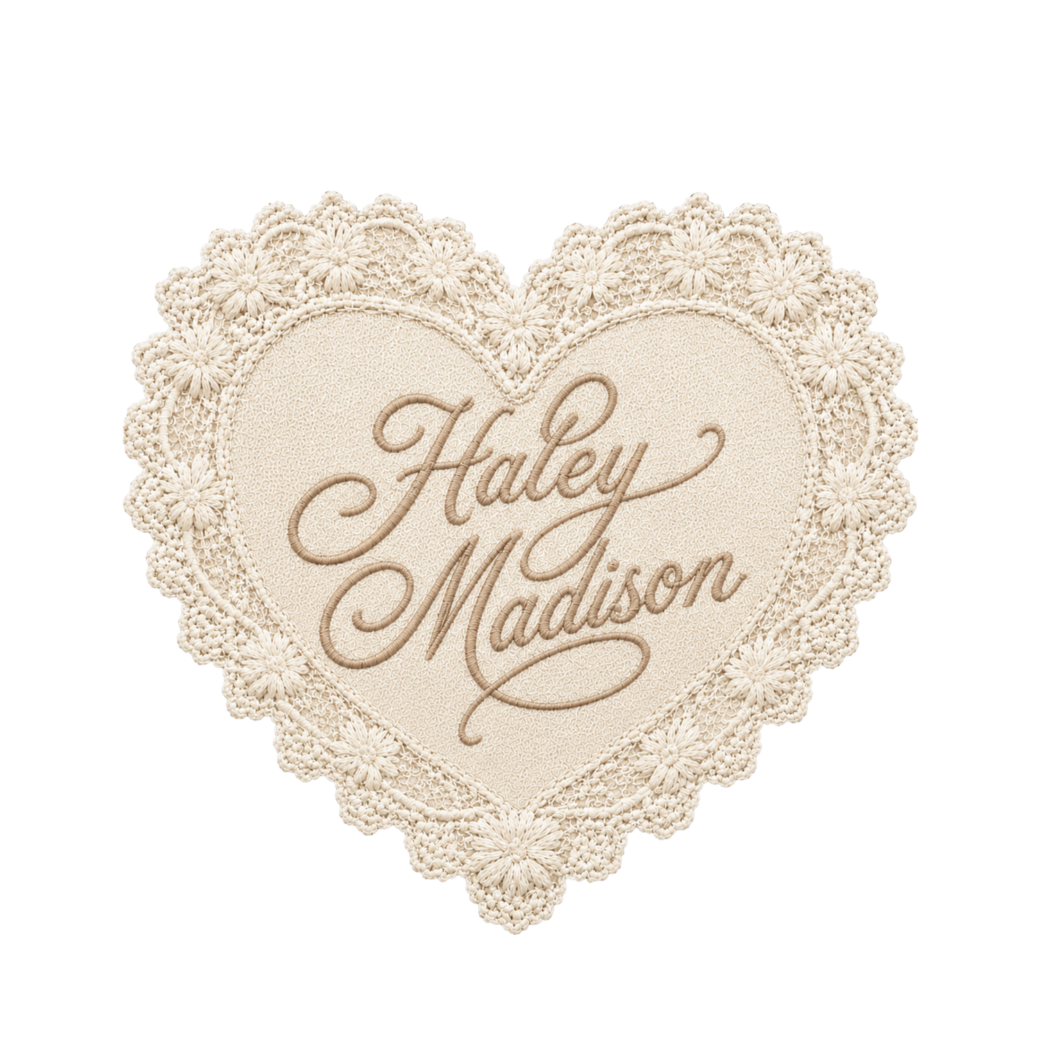 Cream heart-shaped lace doily with elegant script reading Haley Madison, perfect for personalized wedding or gift decor.