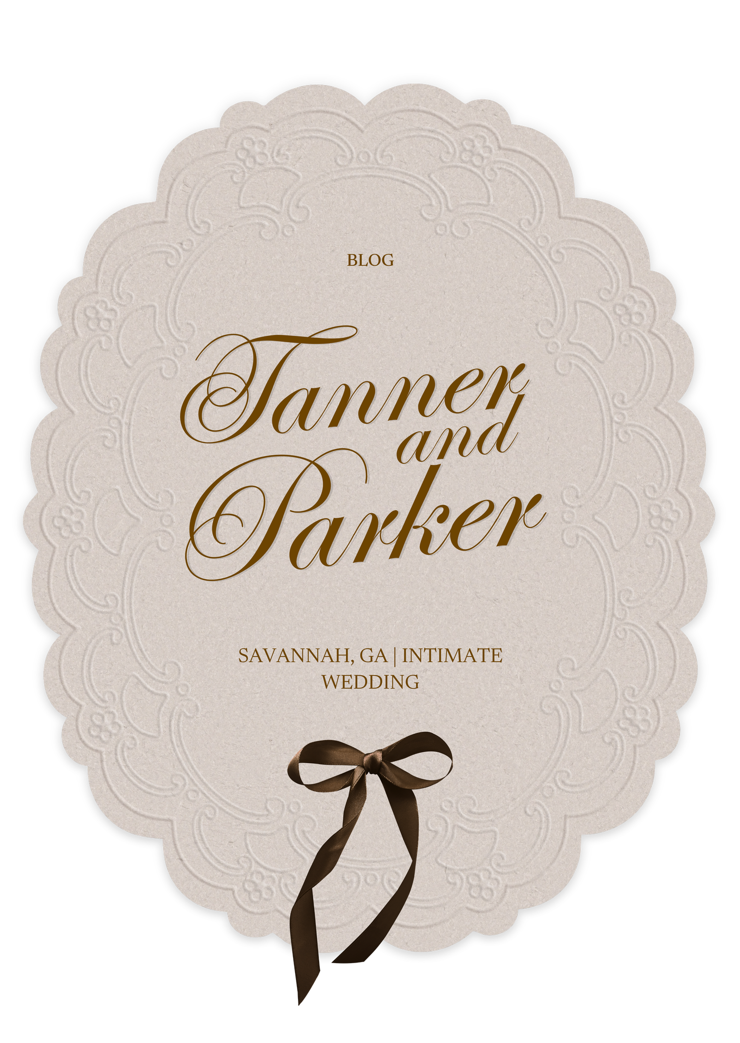 Elegant oval wedding blog card for Tanner and Parker, Savannah GA intimate wedding, featuring gold script and a brown ribbon bow.