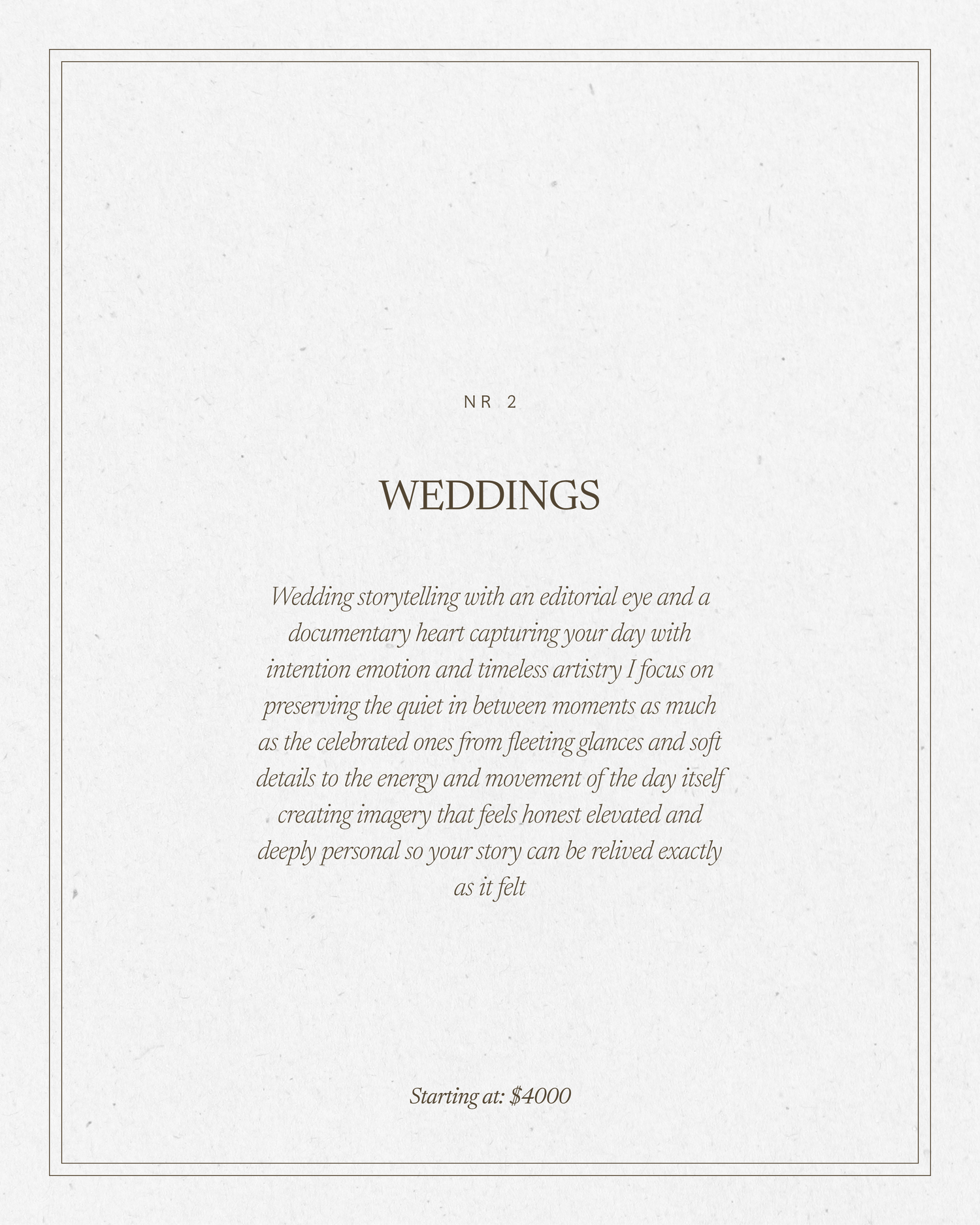 Elegant wedding photography service card with serif typography on textured paper, starting at $4000.