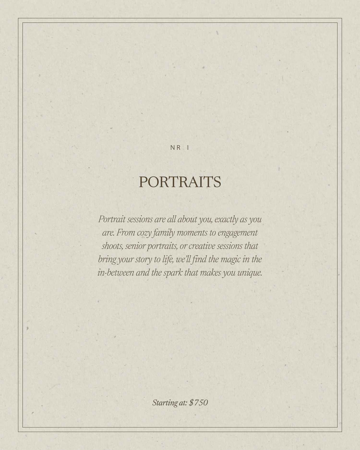 Elegant portrait photography service card on linen background, starting at $750, offering family, senior, and engagement sessions.