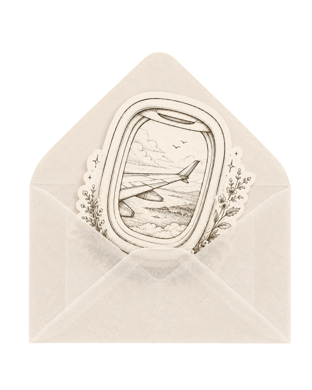 Elegant cream envelope with airplane window illustration card featuring clouds and wing view with floral accents.