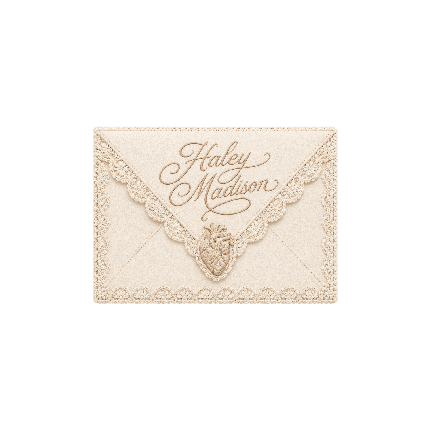 Cream envelope clutch purse with gold lace trim, anatomical heart charm, and Haley Madison script lettering.