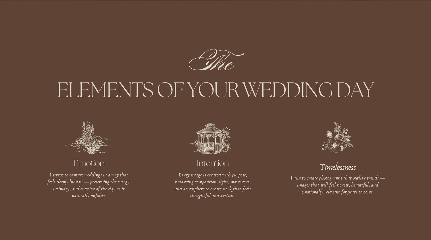 Elegant wedding day guide slide with brown background featuring three key elements: Emotion, Intention, and Thankfulness.
