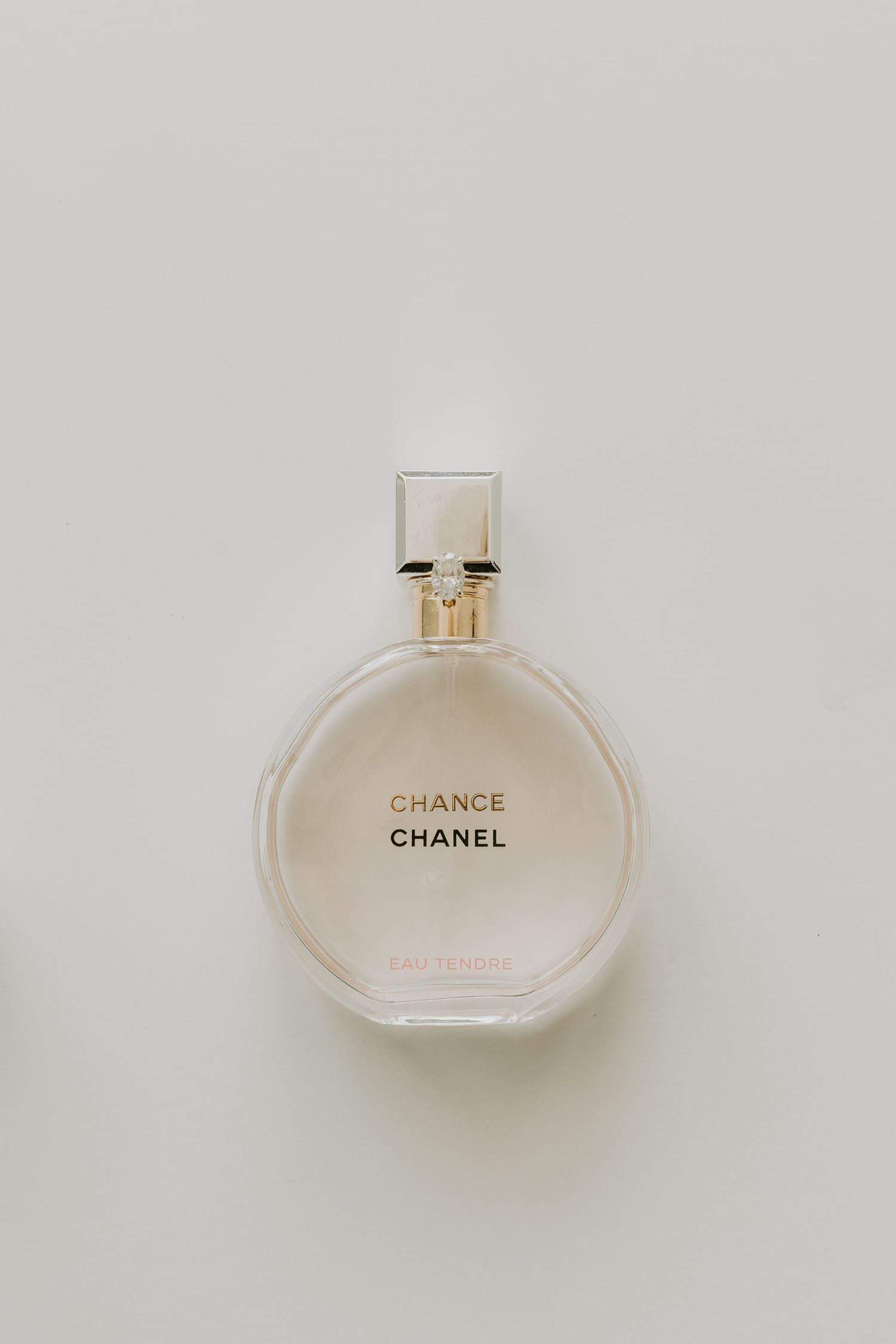 A bottle of Chanel Chance perfume photographed on a minimalist white background.