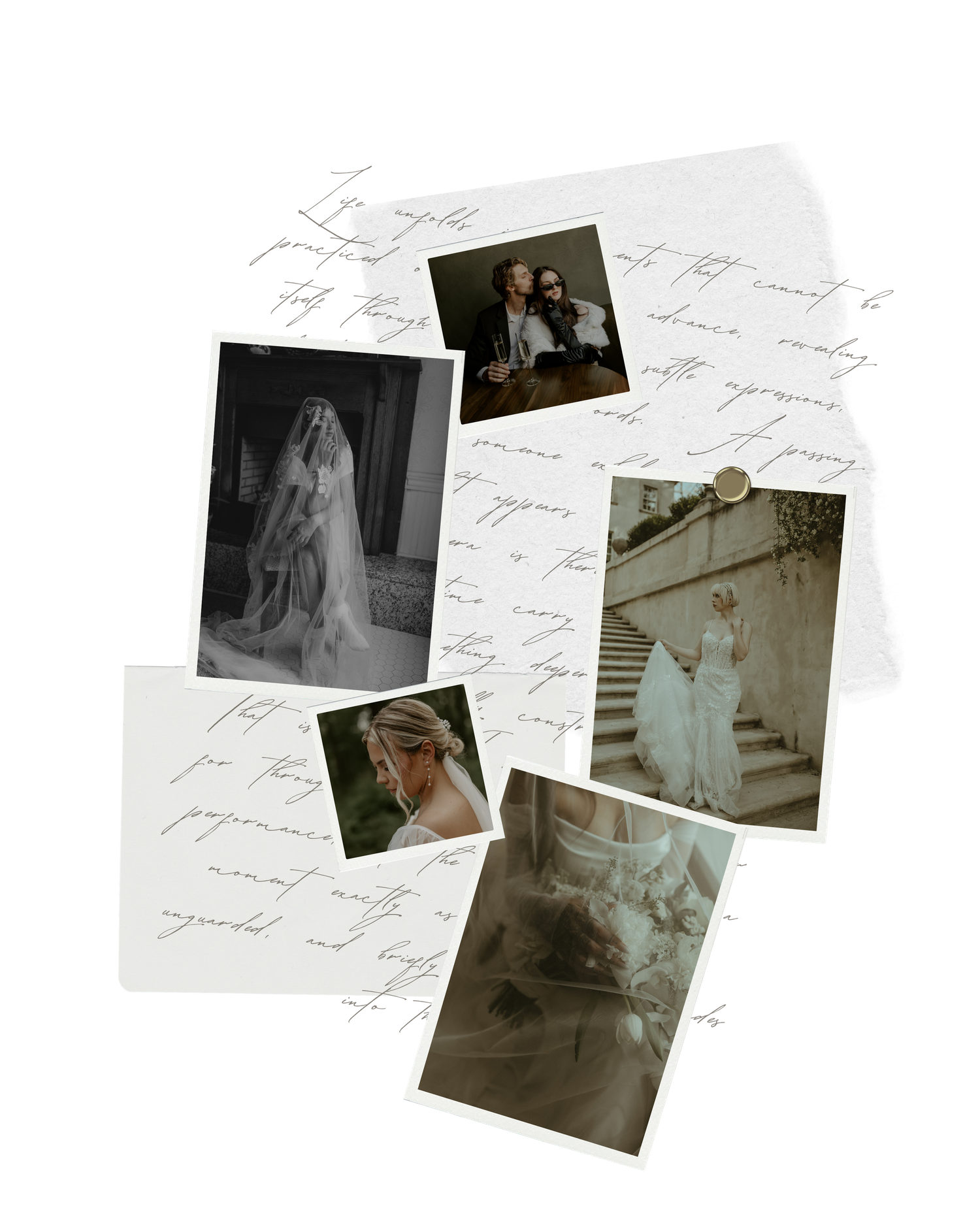 A romantic wedding mood board collage featuring bridal photos, handwritten script, and elegant white gown imagery.