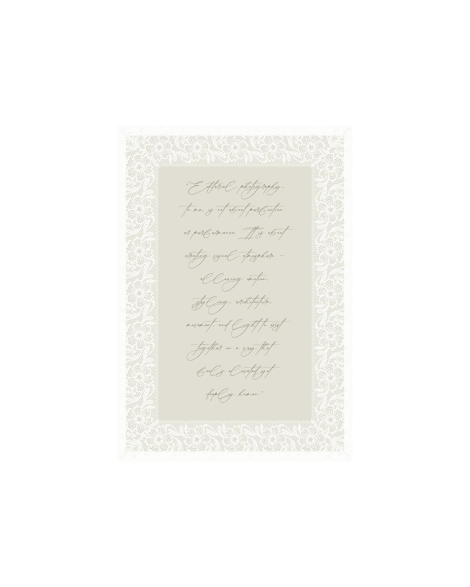 Elegant wedding invitation with cursive script text on soft gray background with delicate white lace border.