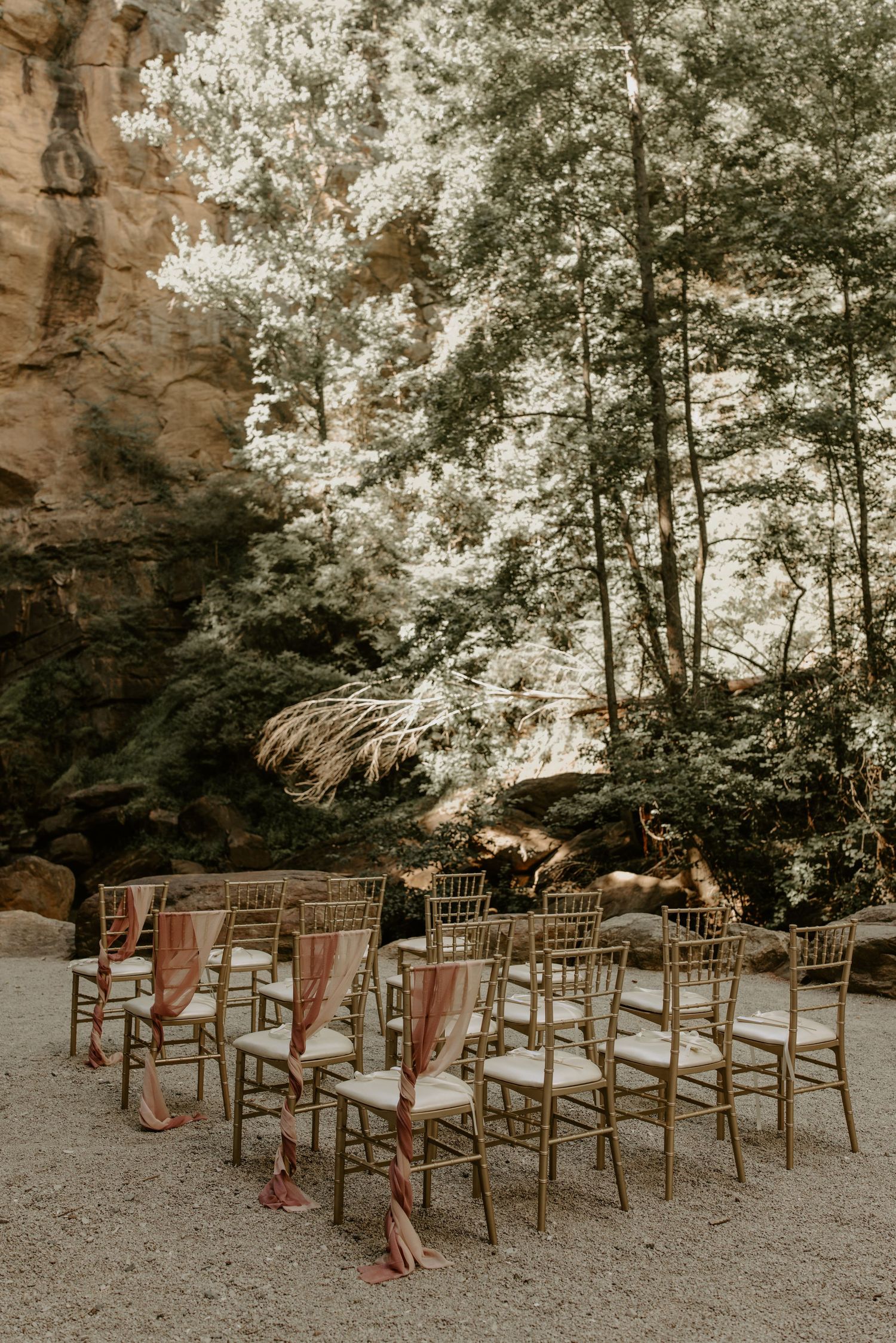 Empty wooden chiavari chairs with pink sashes arranged outdoors under natural tree canopy for a wedding ceremony.