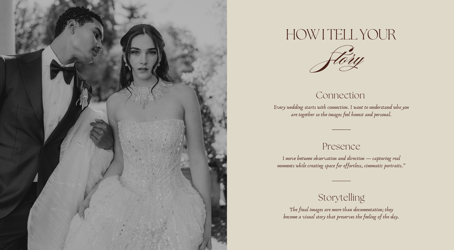 Elegant wedding photography layout featuring a couple in formal attire with storytelling and connection text overlay.