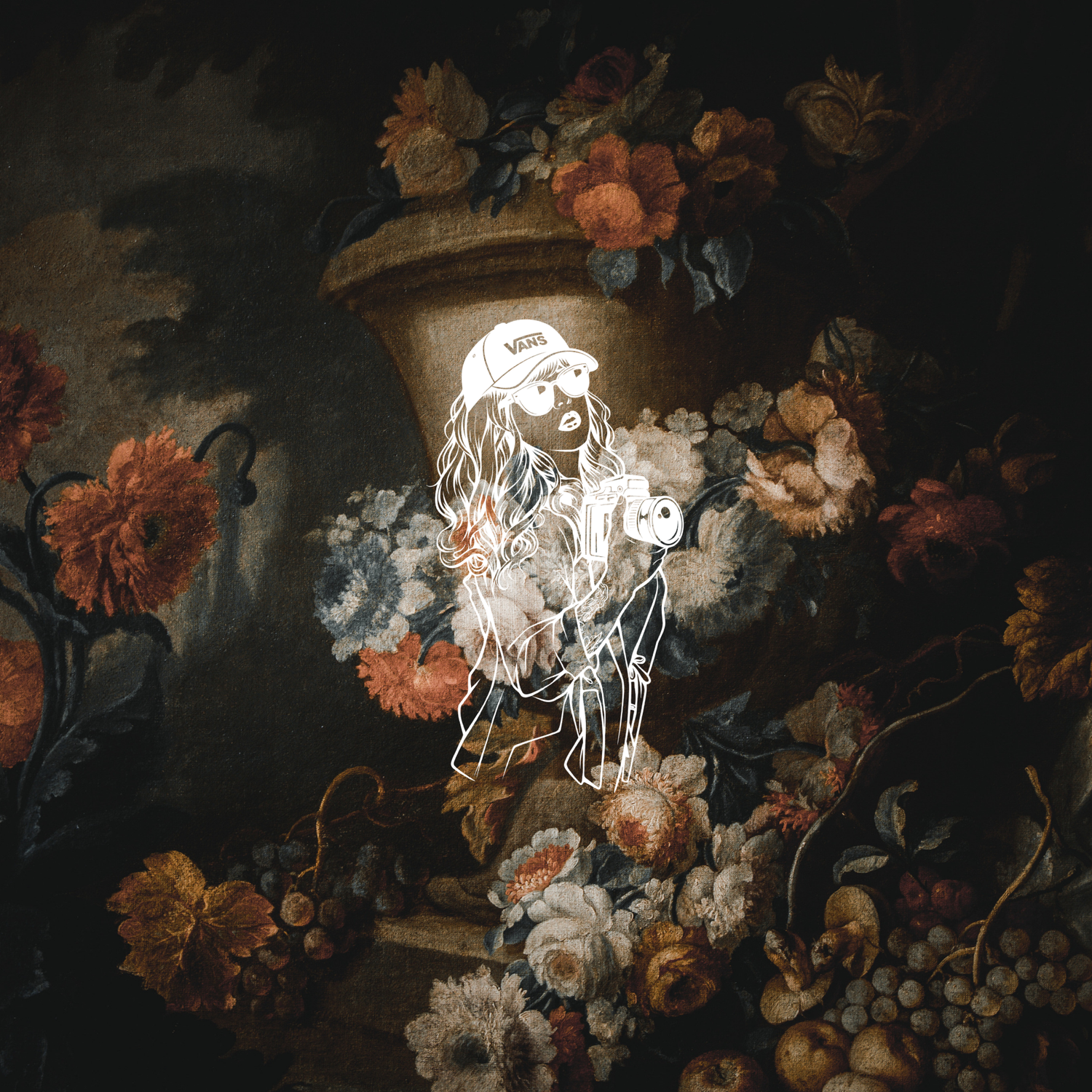 Glowing outline of a person overlaid on a dark floral still life painting with colorful blooms and a large urn.
